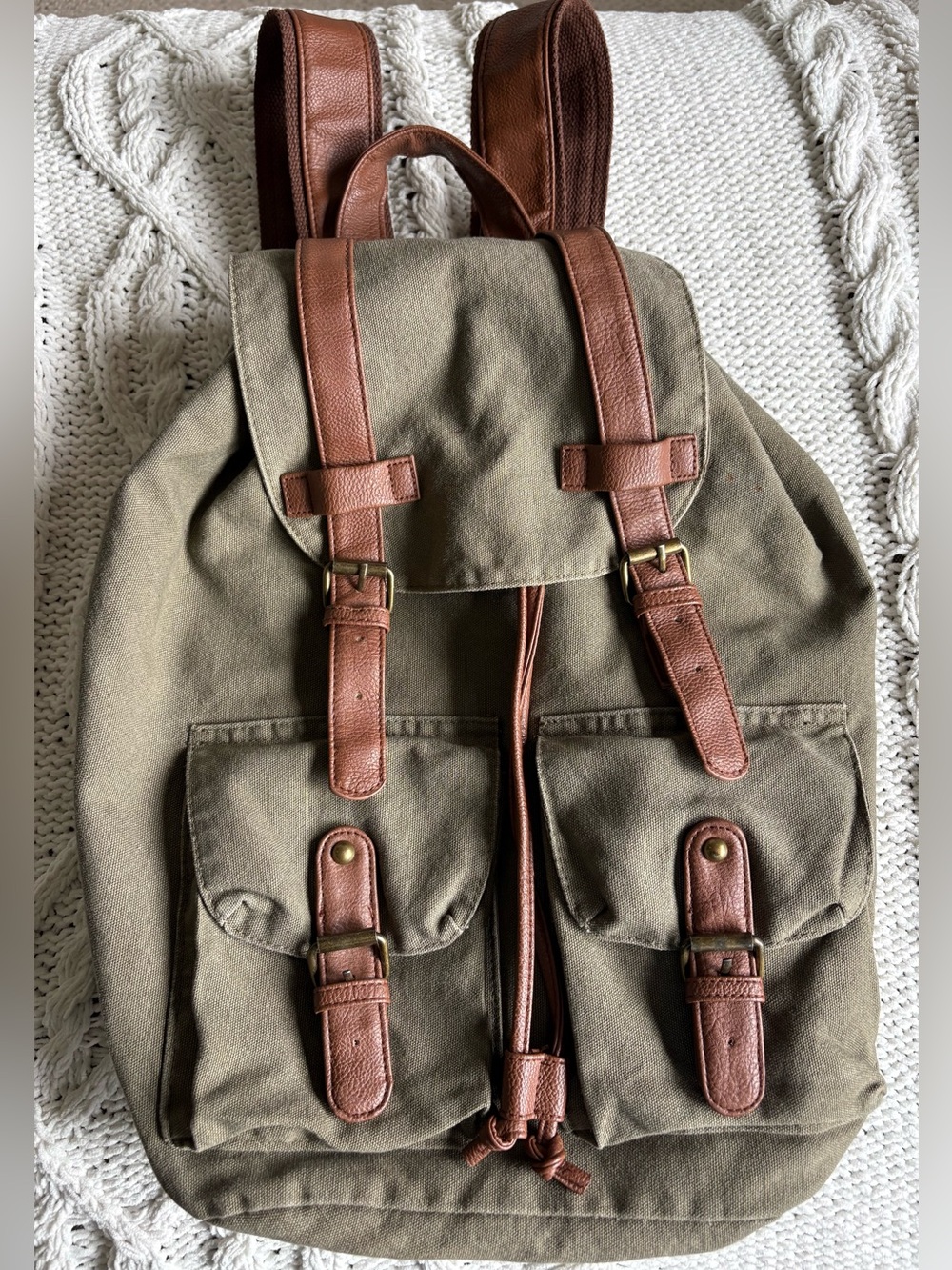 Mossimo Army Green Canvas Messenger Bag w Brown Faux Leather Straps & Buckles